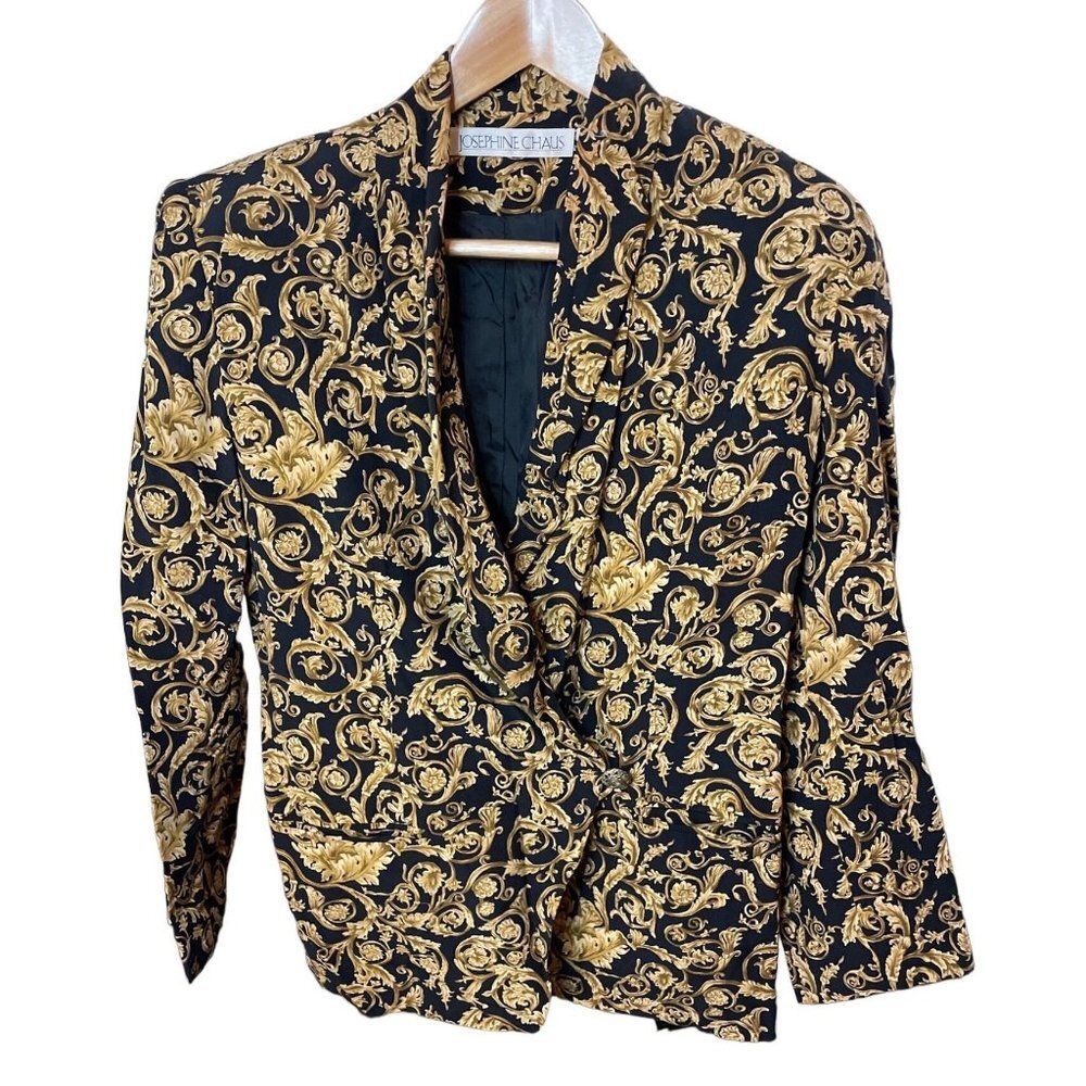 Josephine Chaus Black Gold Scrollwork Buttoned Blazer Sz 4